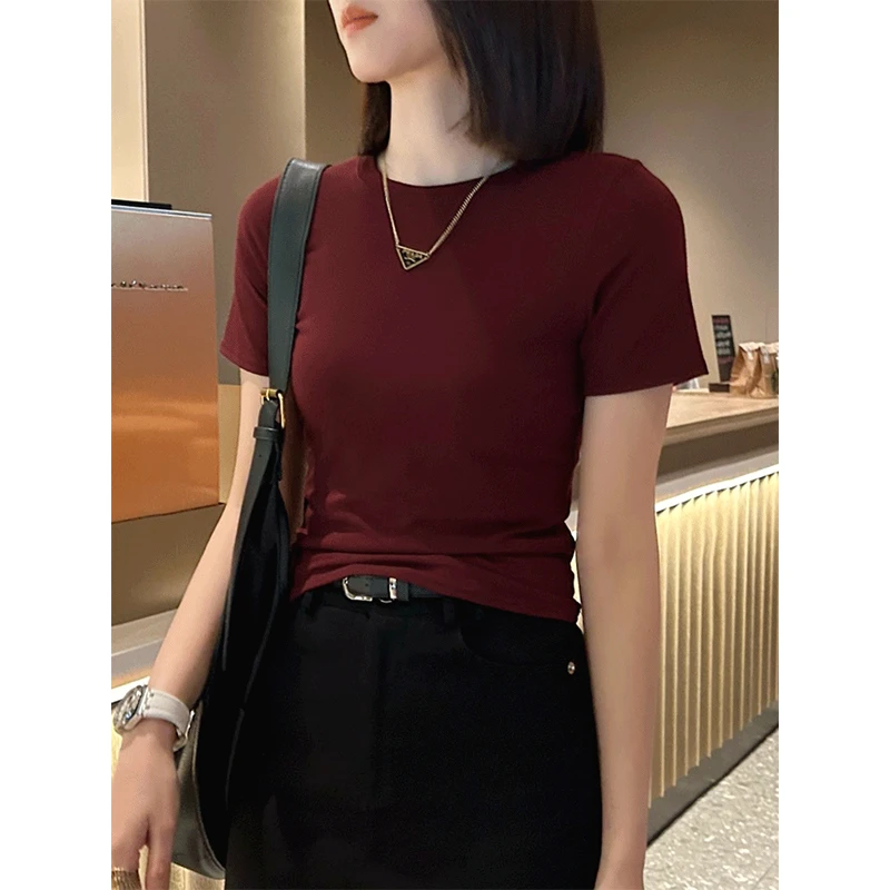 白色圆领短袖T恤女夏季2024新款纯色修身上衣正肩百搭显瘦半袖潮