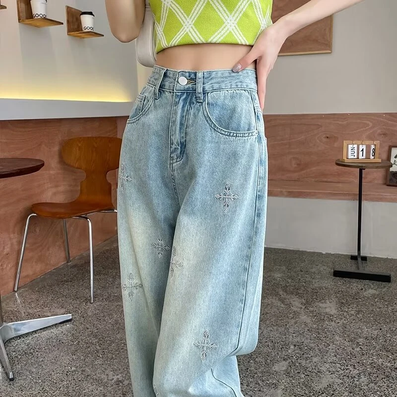 时尚直筒牛仔裤女生2024新款爆款高腰宽松显瘦阔腿拖地裤