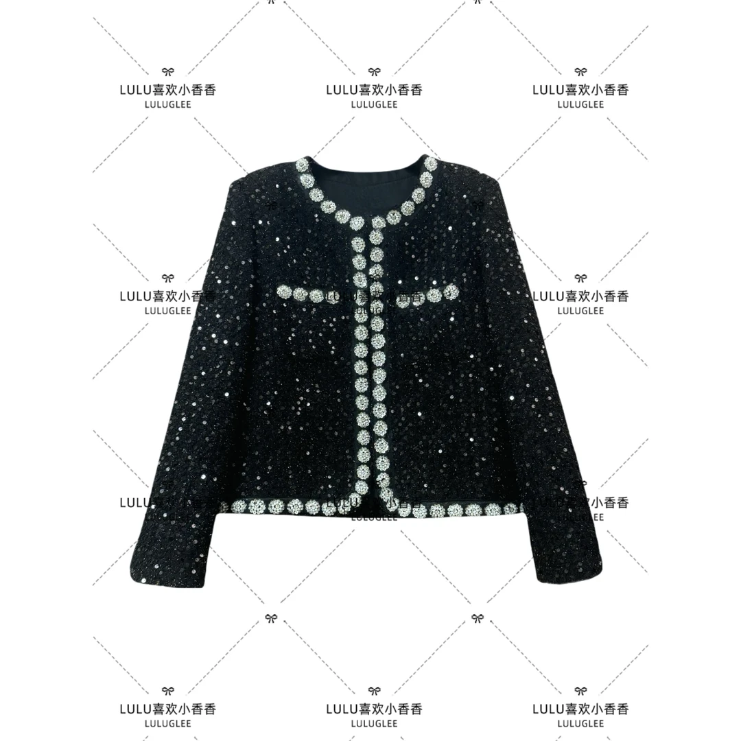 新款精致女人装重工小香风修身显瘦气质亮片外套