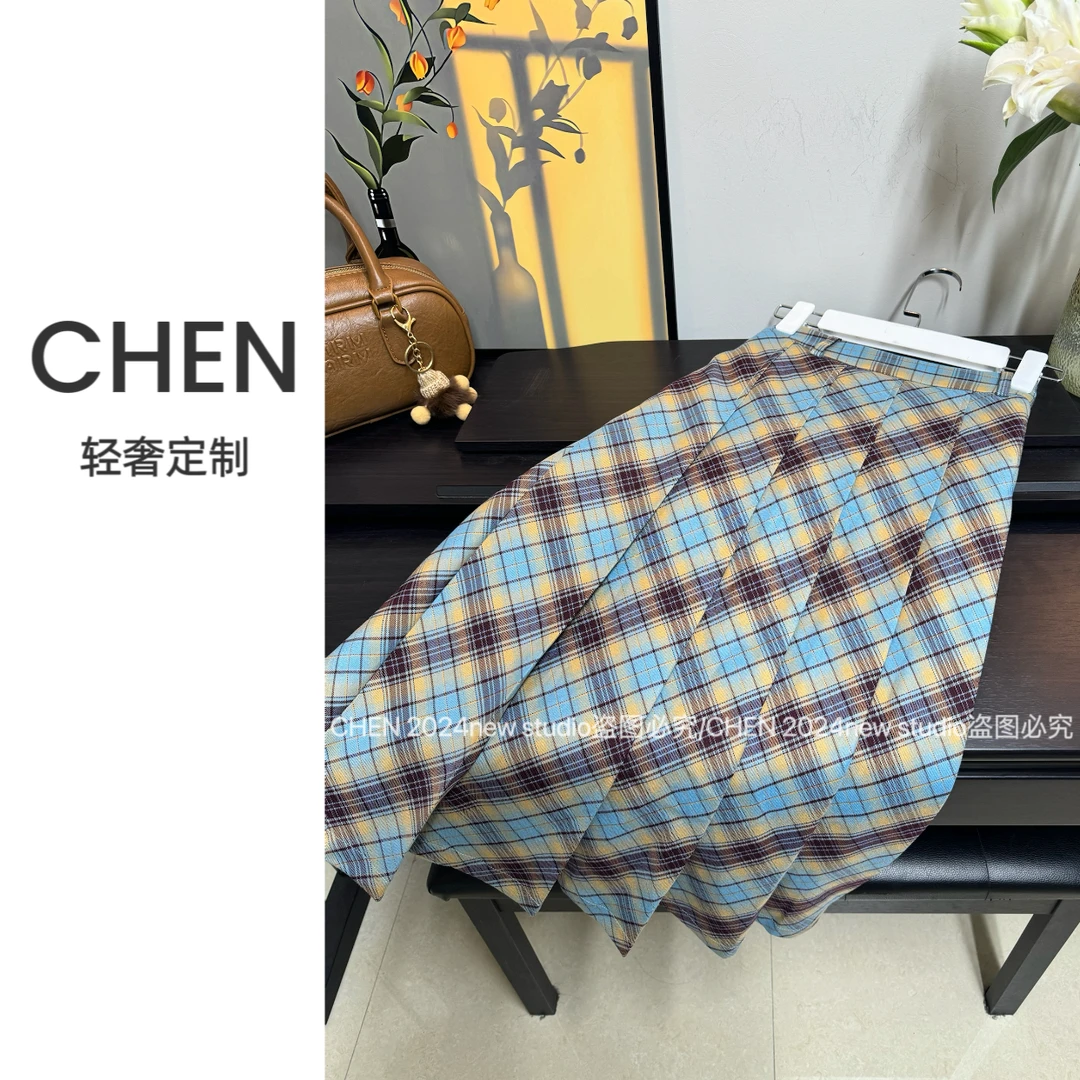 A字半身裙女2024新款春秋显瘦气质长裙高腰裙子格子百褶裙