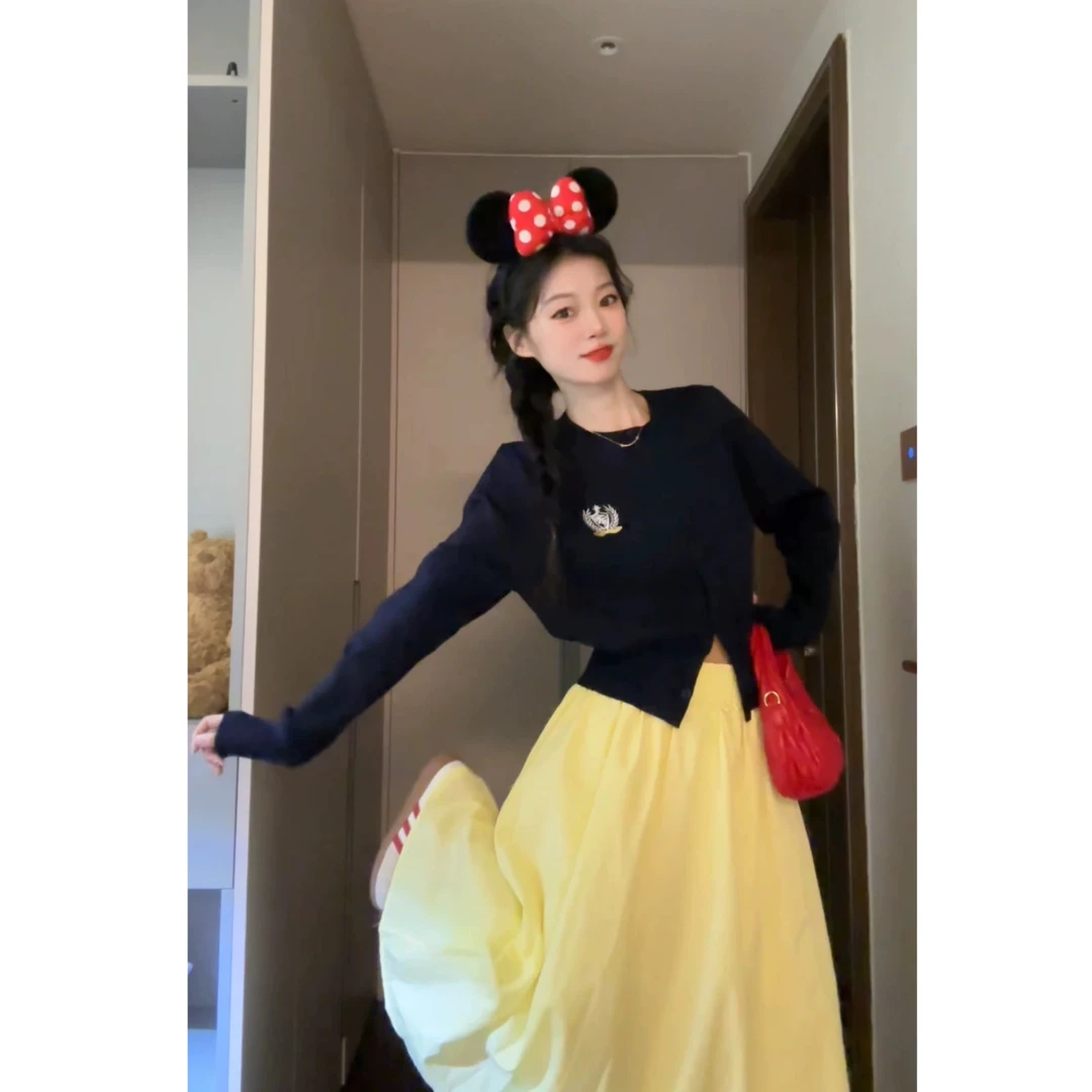 七分糖 韩系穿搭套装女刺绣撞色针织开衫外套半身裙两件套