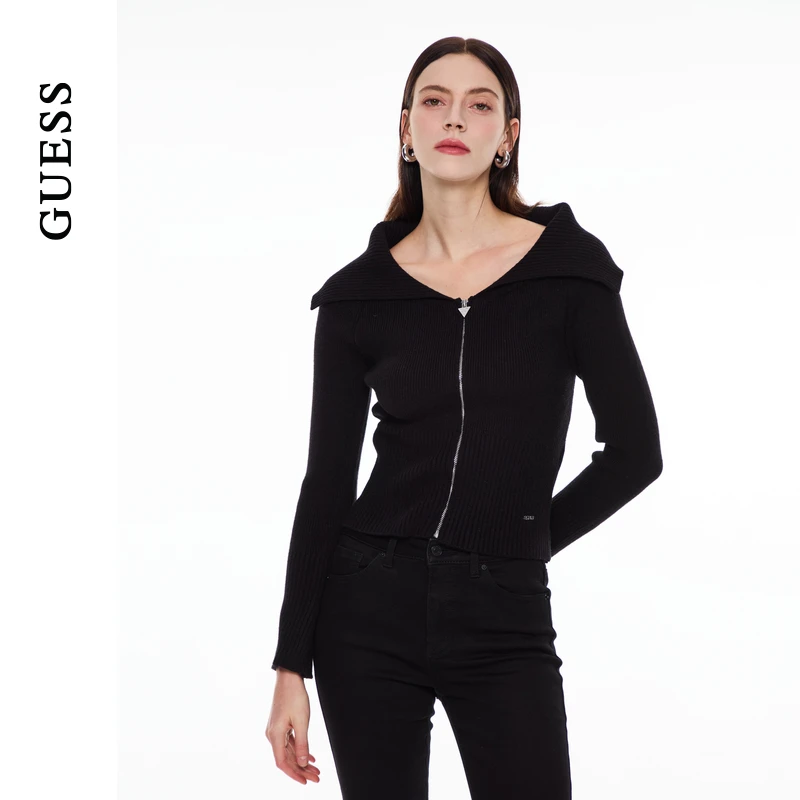 GUESS女士时尚螺纹翻领拉链开襟毛针织衫-YO4S3662