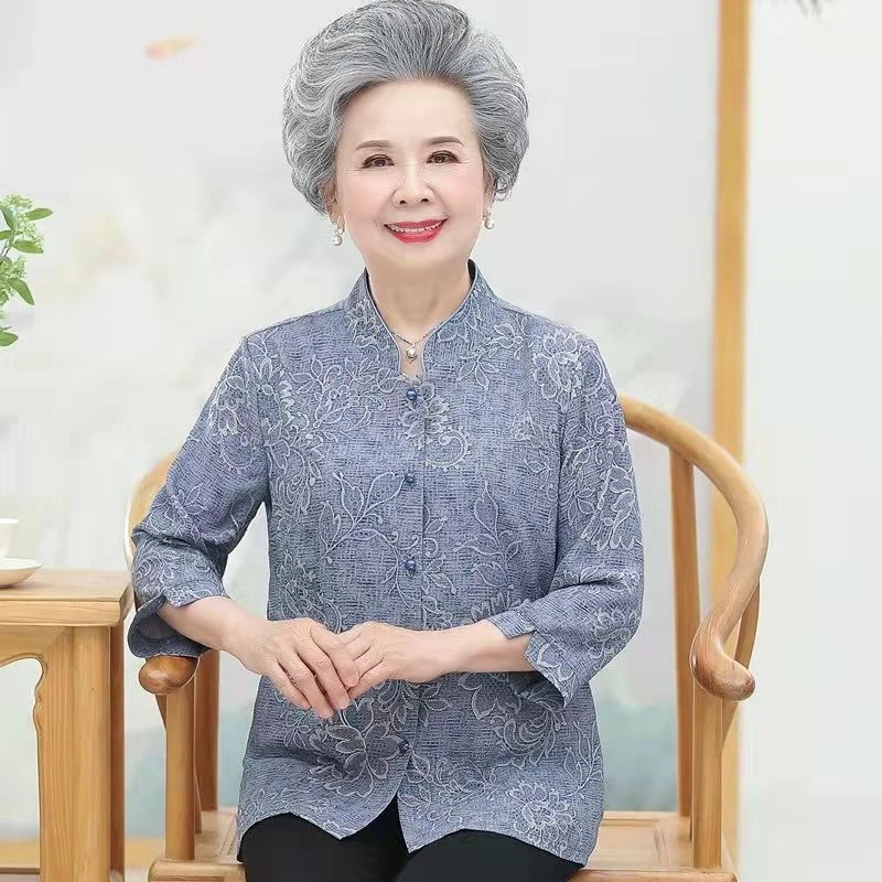 中老年衬衫女妈妈夏装60岁70七分袖上衣奶奶装夏季薄款老年人时尚