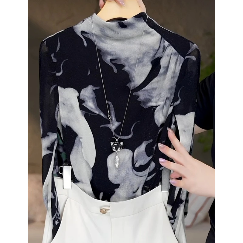 时尚洋气内搭晕染网纱半高领打底衫女春秋季小衫长袖t恤修身上衣