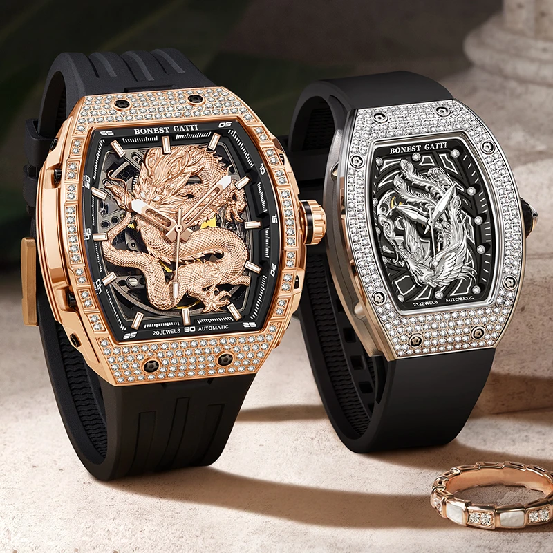 布加迪龙年限定男女情侣款全自动龙凤手表男酒桶形时尚名表满钻 S
