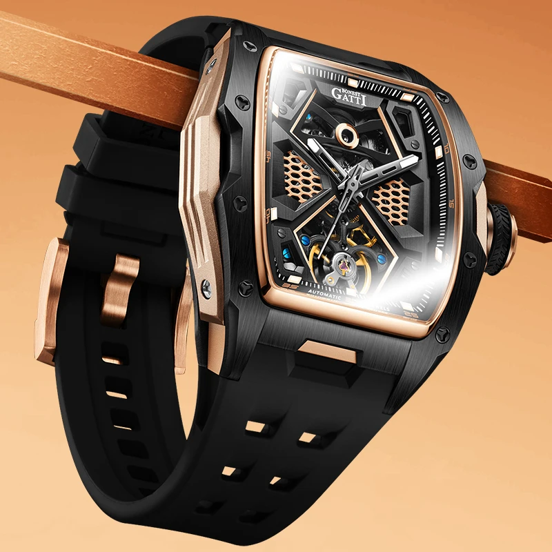 布加迪男款时尚百搭酒桶镂空多功能全自动机械手表BG5501玫【4】