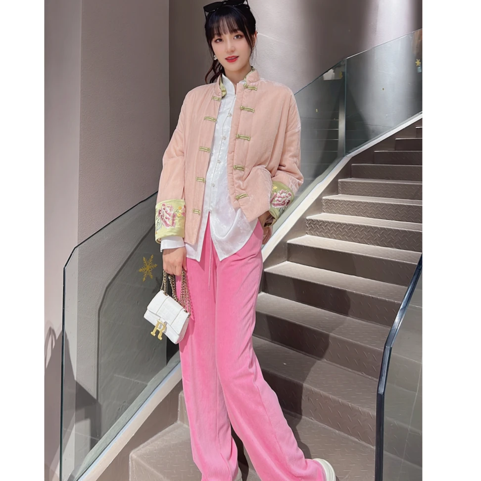 《ELFBOX》春秋复古中国风秋冬立领冬季袖口绣花加棉女外套8566