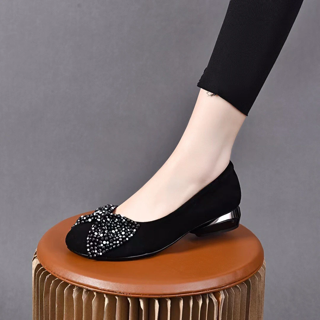 真皮浅口单鞋女2024年春季新款磨砂羊皮低跟圆头小皮鞋平底豆豆鞋