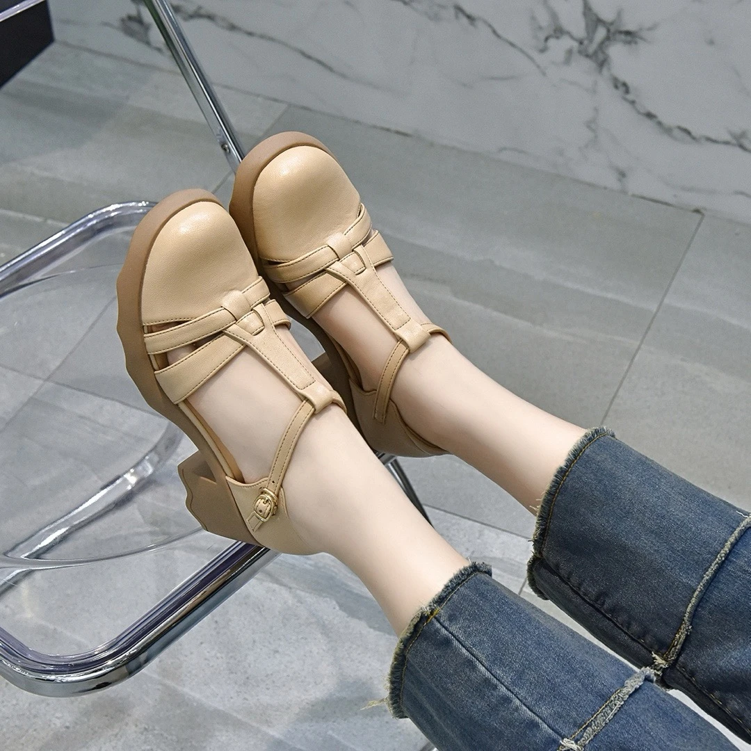 2025新款夏季包头凉鞋女真皮厚底单鞋夏款镂空皮鞋软底玛丽珍女鞋