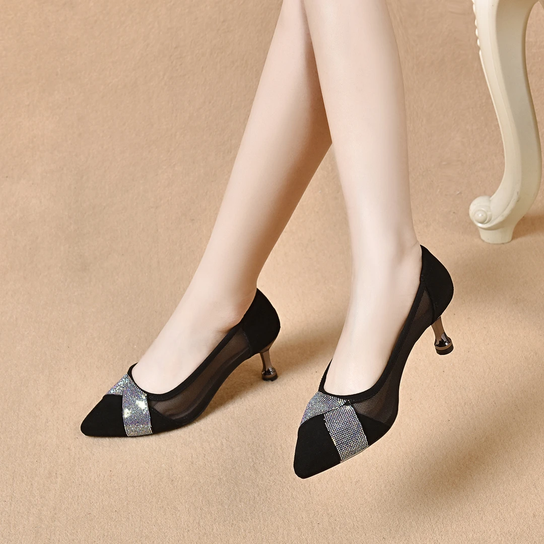 2025新款春夏季网纱单鞋女真皮透气镂空女鞋夏款尖头浅口皮鞋薄款