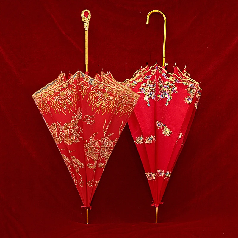 结婚长柄伞新娘伞新款中式婚礼出嫁伞女方大红色婚伞喜庆婚庆用品