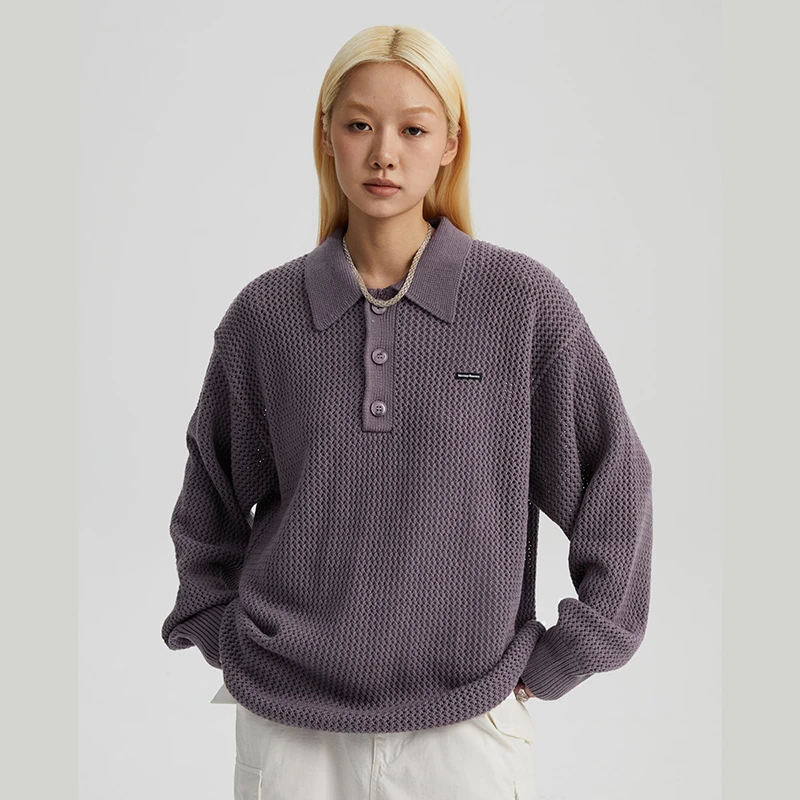 WassupHouse镂空POLO毛衣长袖休闲简约宽松纯色翻领秋冬华夫格