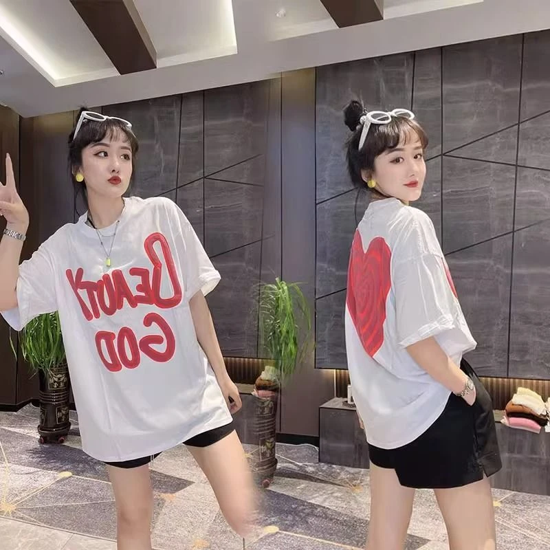 网红同款字母爱心圆领短袖t恤衫夏季韩版百搭减龄纯棉宽松上衣女