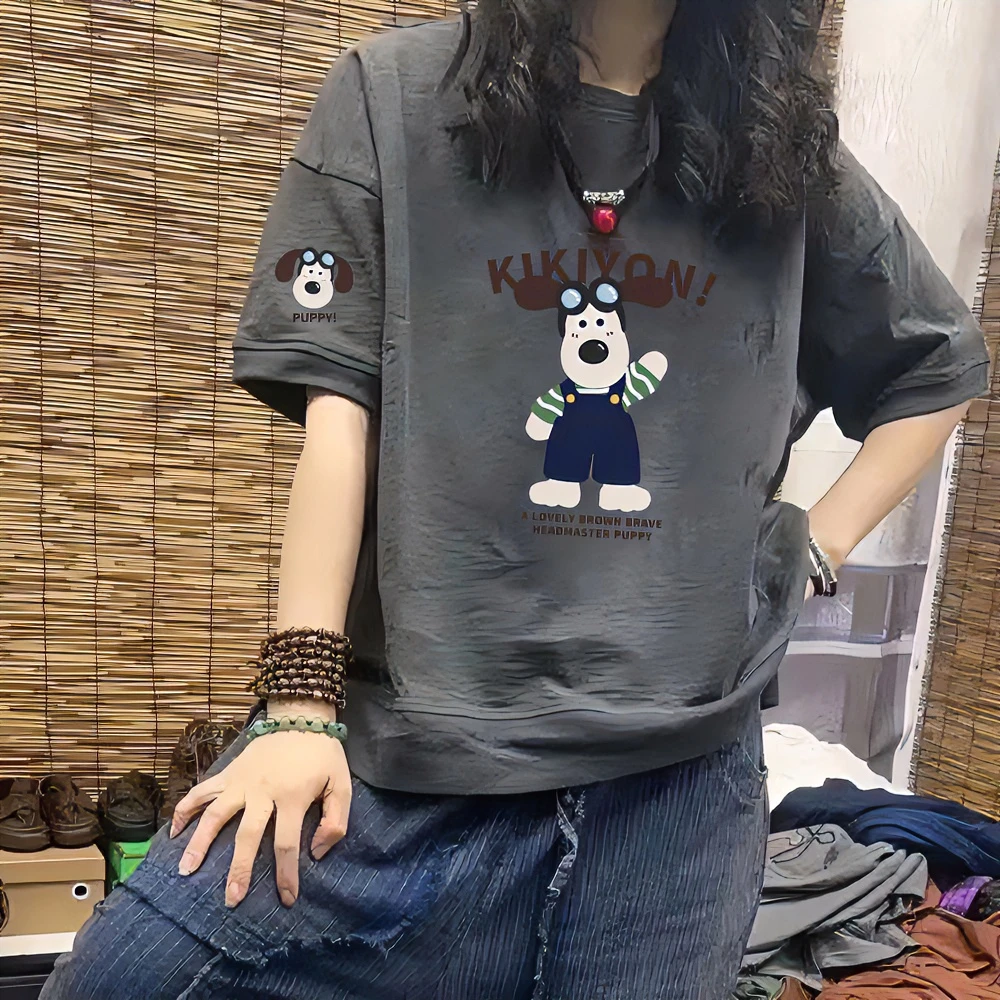 短袖宽松t恤女新款夏季薄款纯棉美式印花撞色插肩袖体恤上衣女