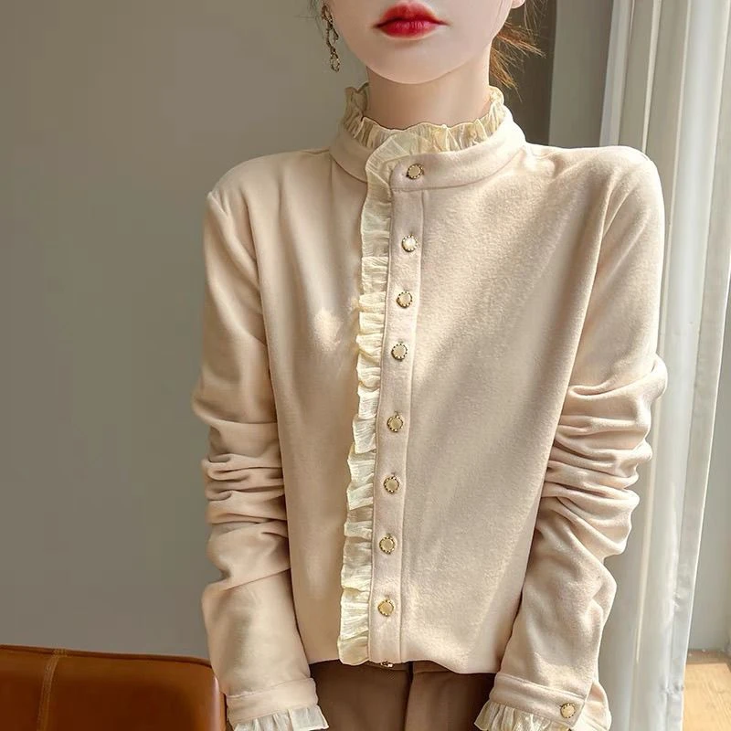 秋冬加厚双面德绒立领木耳边衬衫女气质显瘦磨毛保暖上衣外穿衬衣
