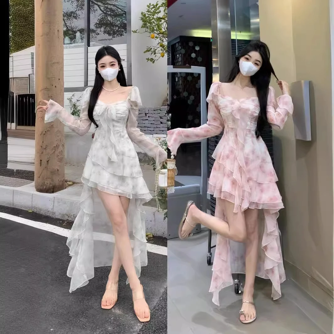 荷叶碎花晕染裙女春夏新款不规则大码前短后长连衣裙纯欲风时尚潮