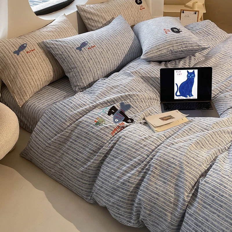 ins风水洗棉麻床上四件套2024新款非全棉纯棉床品三件套床单被套4