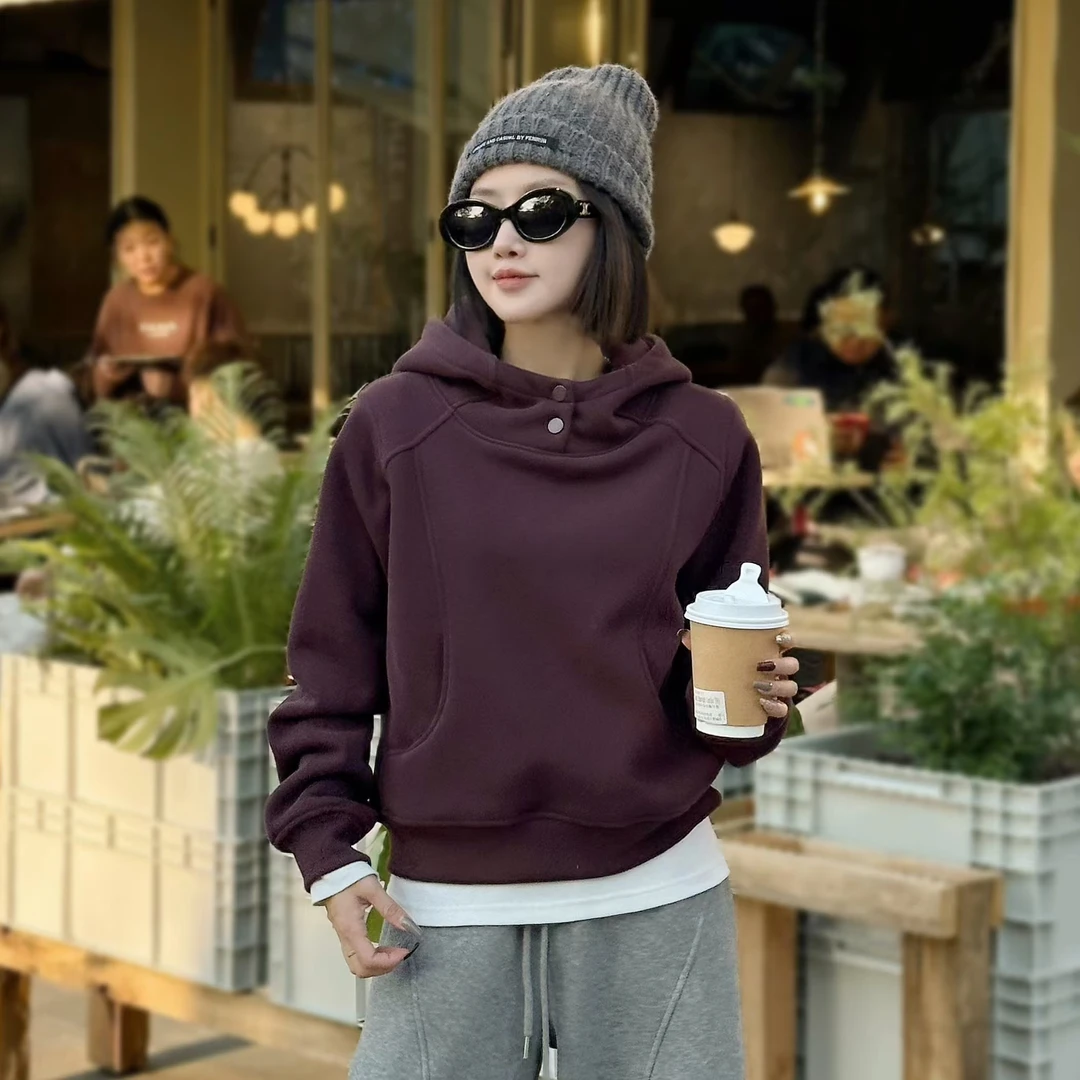 【两粒扣】连帽正肩显瘦隐形口袋加绒短款卫衣C128兴榕店