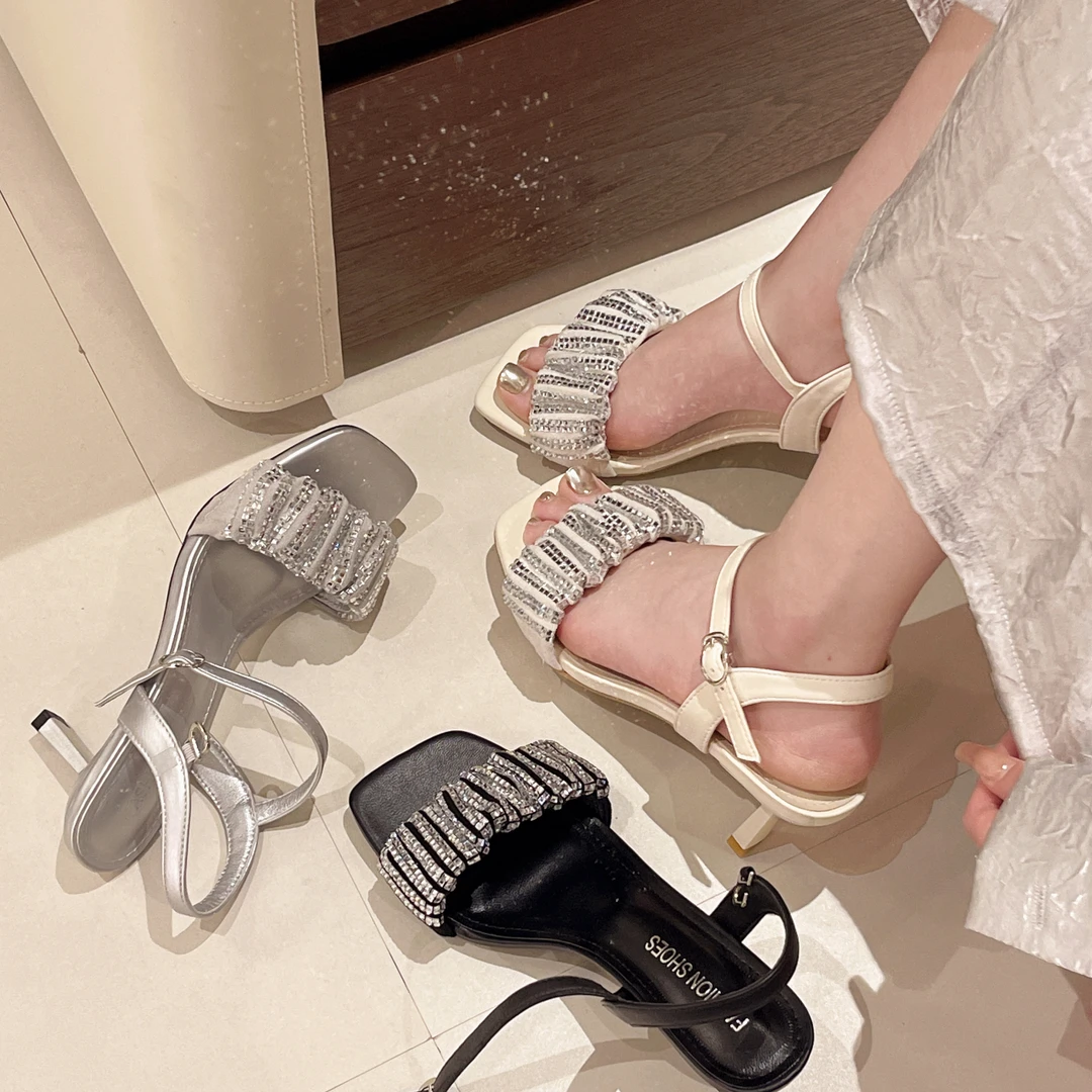 仙女风女细跟水钻一字带凉鞋配裙子2024夏新款中跟时装高跟鞋法式