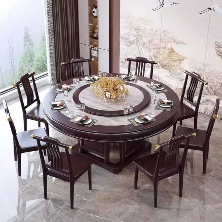 乌金木色新中式岩板实木圆桌餐圆形桌椅转盘家用简约电磁炉吃饭桌