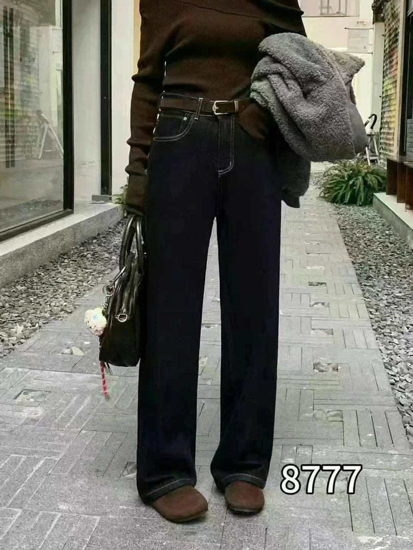 8777静姐家植绒窄版2024冬加厚高腰普洗弹力阔腿牛仔裤