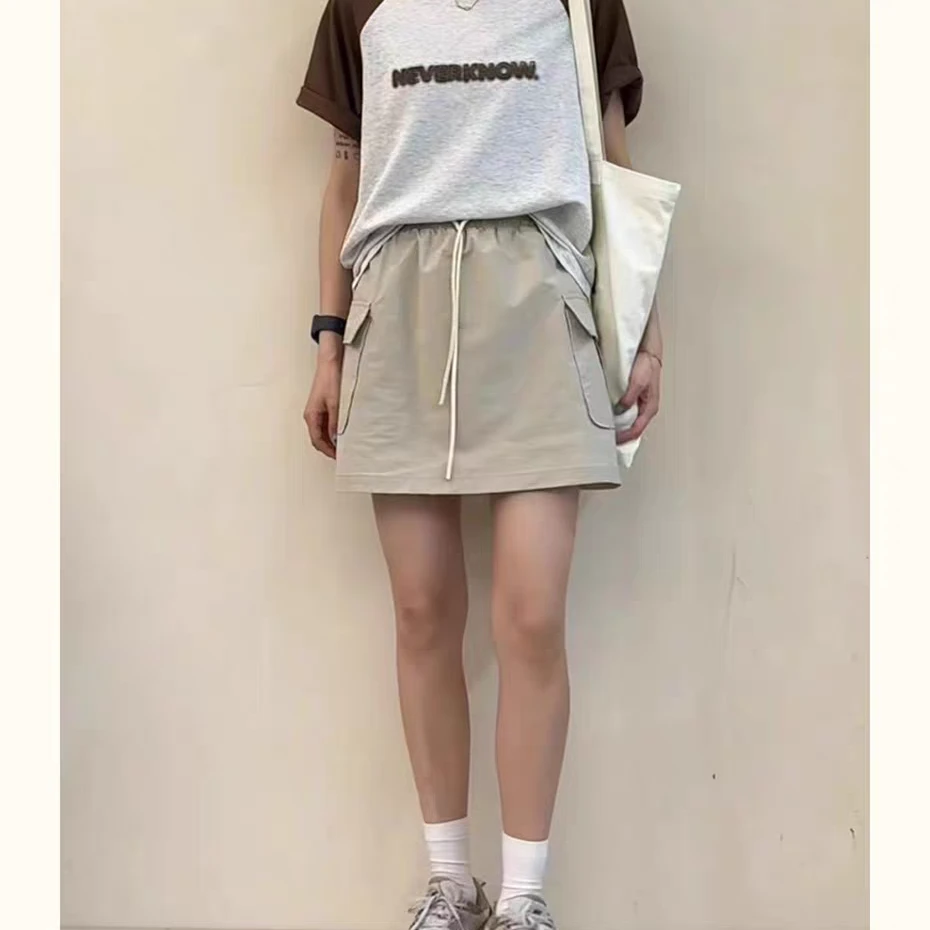 2793韩版夏新款高腰松紧腰防走光休闲百搭包臀显瘦A字裙半身短裙