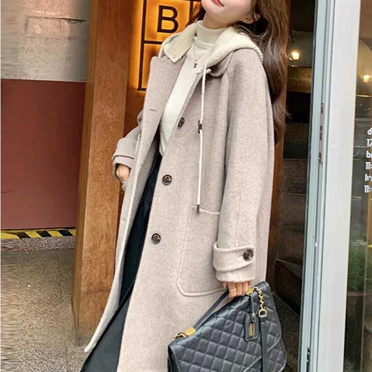 2313 2024秋冬季新款连帽双面大衣女中长款韩系高级感毛呢外套
