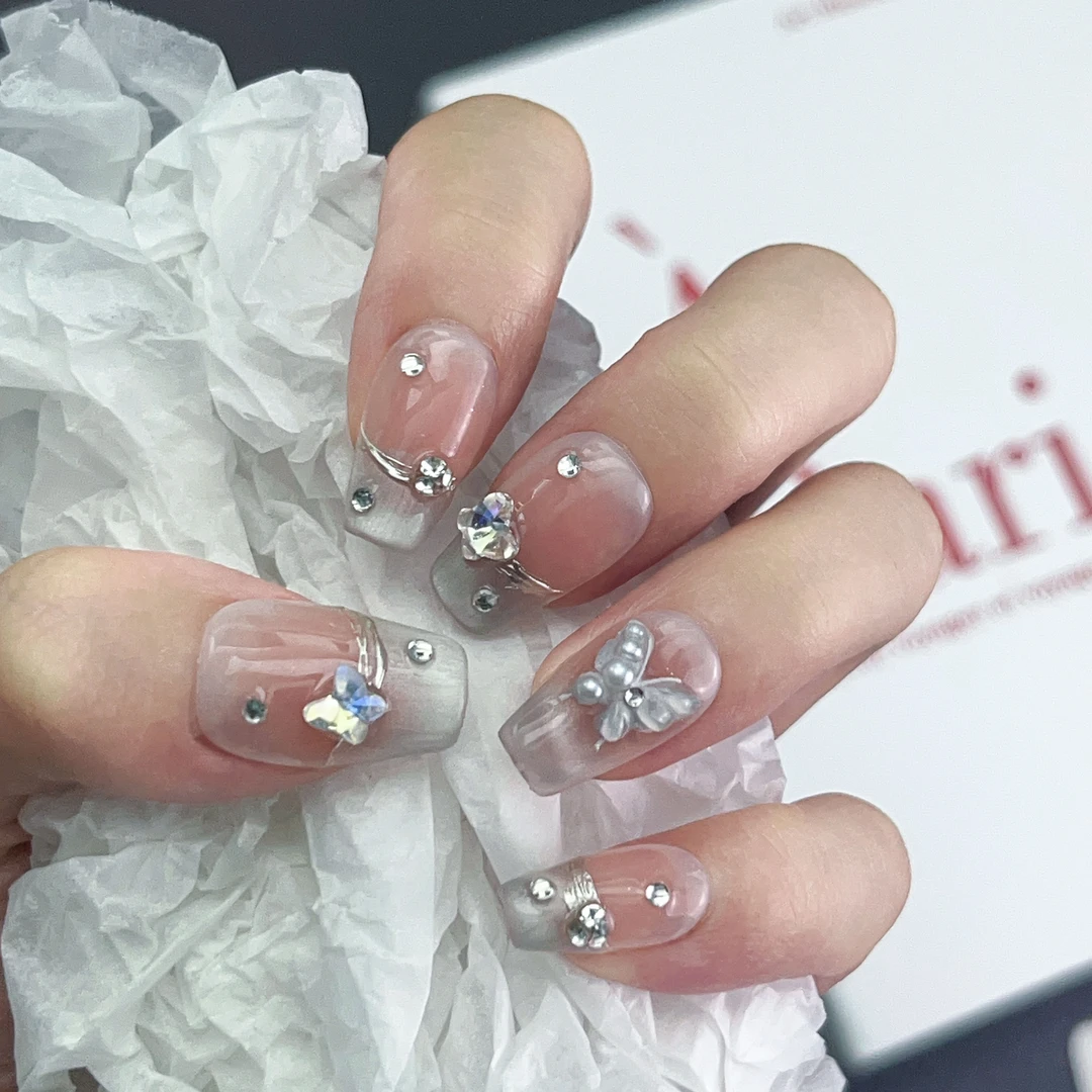 [指尖蝶舞]纯手工穿戴甲显白腮红高级法式猫眼蝴蝶短款可拆卸美甲