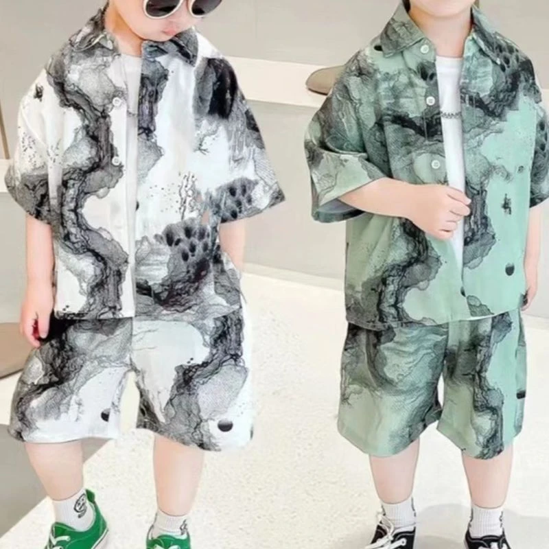 【水墨江南】夏季男童薄款衬衫短袖痞帅中大童复古痞帅时尚印条纹