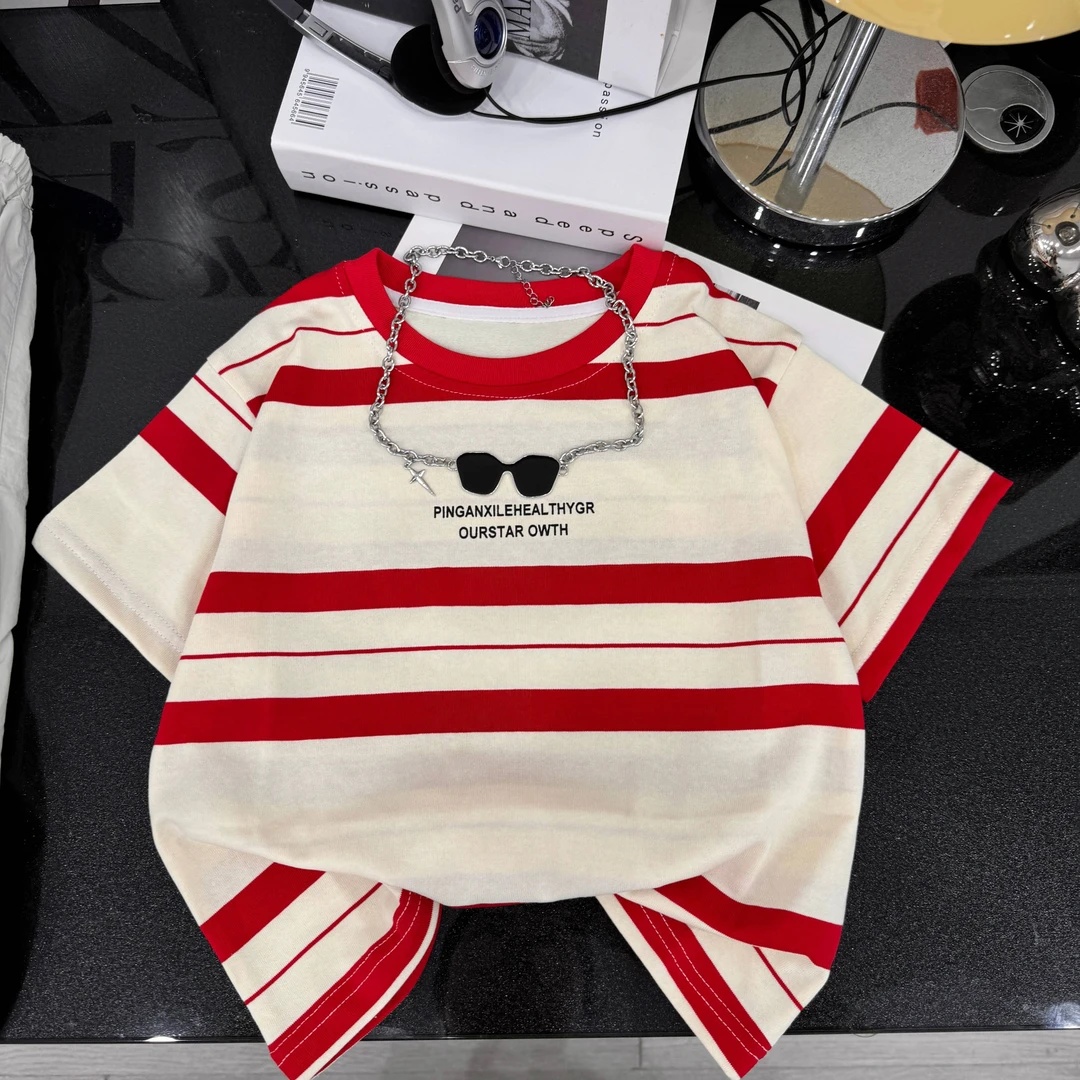 【红红火火】儿童纯棉短袖t恤夏季薄款男女童休闲撞色条纹T恤童装