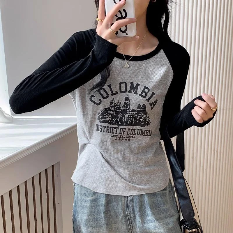 撞色插肩长袖t恤女2023春秋款拼接纯棉内搭短款打底衫秋装上衣女