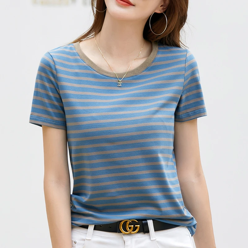 小个子女装新款休闲宽松显瘦百搭条纹短袖t恤女圆领上衣韩版减龄