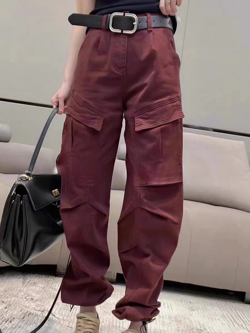 美式街头复古安哥拉红色牛仔裤女早秋新款显瘦直筒休闲裤-3030