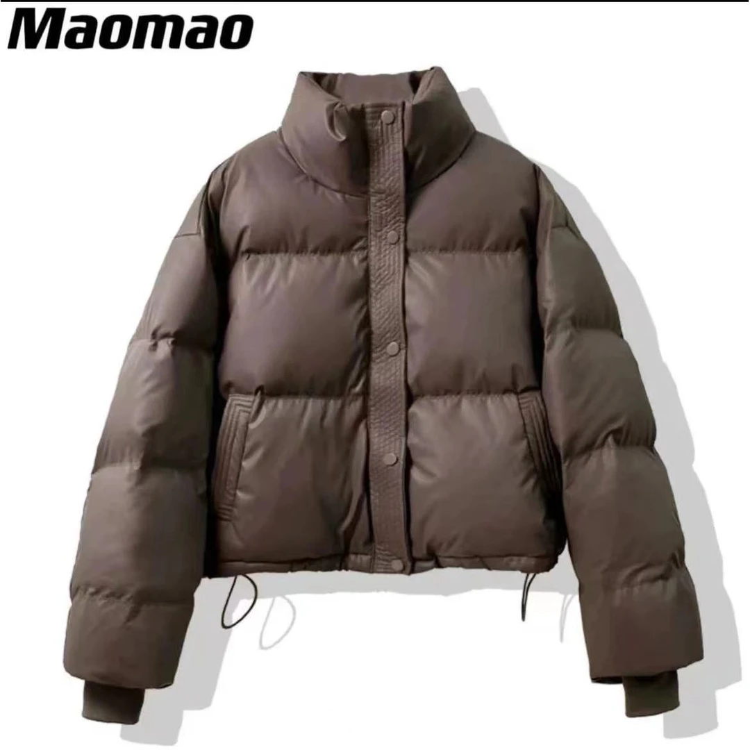 白鸭绒PU皮免洗立领短款羽绒服女2024冬季加厚