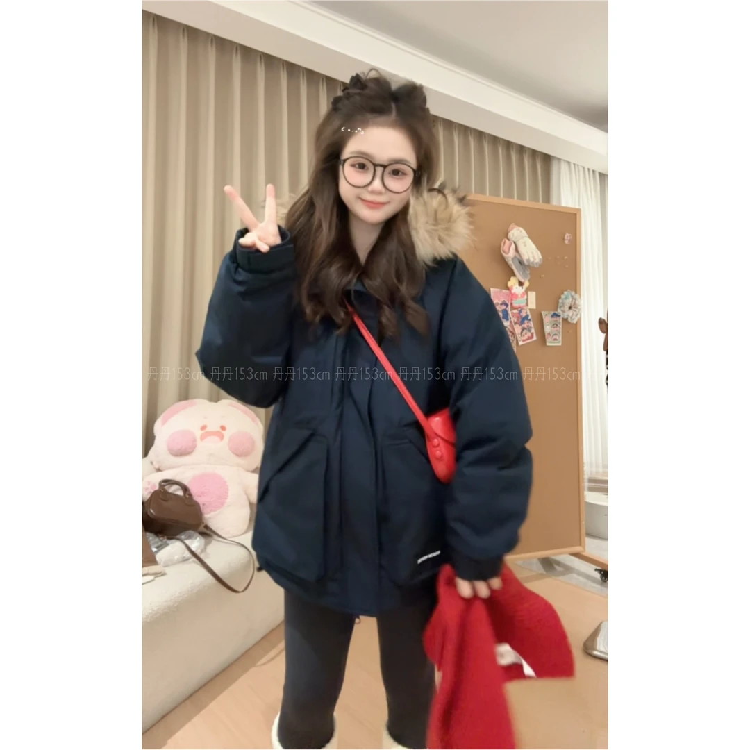 2024新款冬季藏蓝色工装羽绒服派克服女短款小个子毛领外套男女