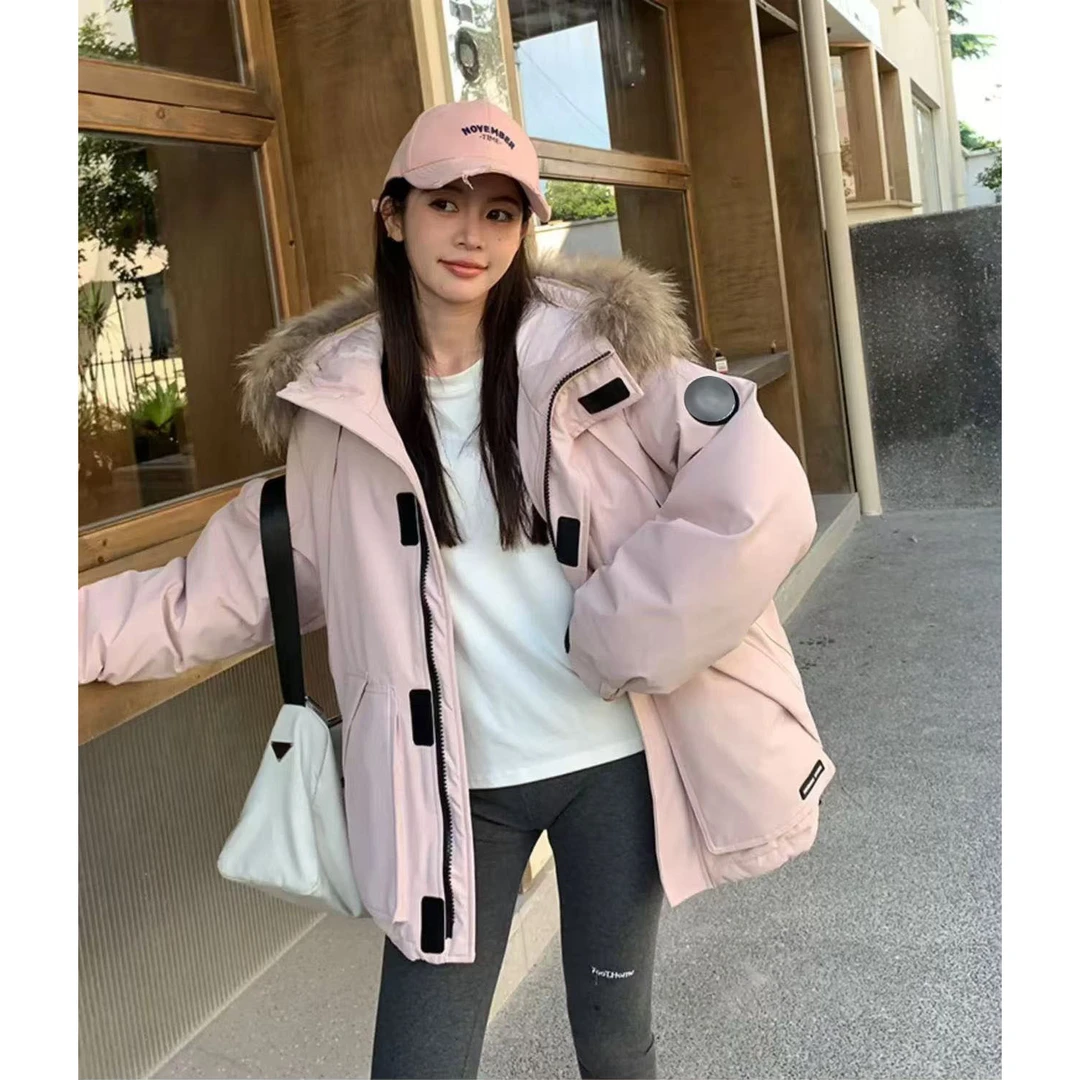 2024学院风藏蓝色工装羽绒服派克服女短款小个子毛领冬季外套女16