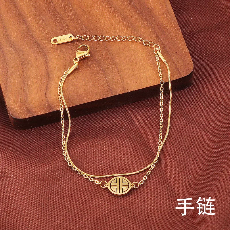 钛钢手链 复古圆牌双层手链女款不掉色时尚百搭送妈妈礼物气质ins