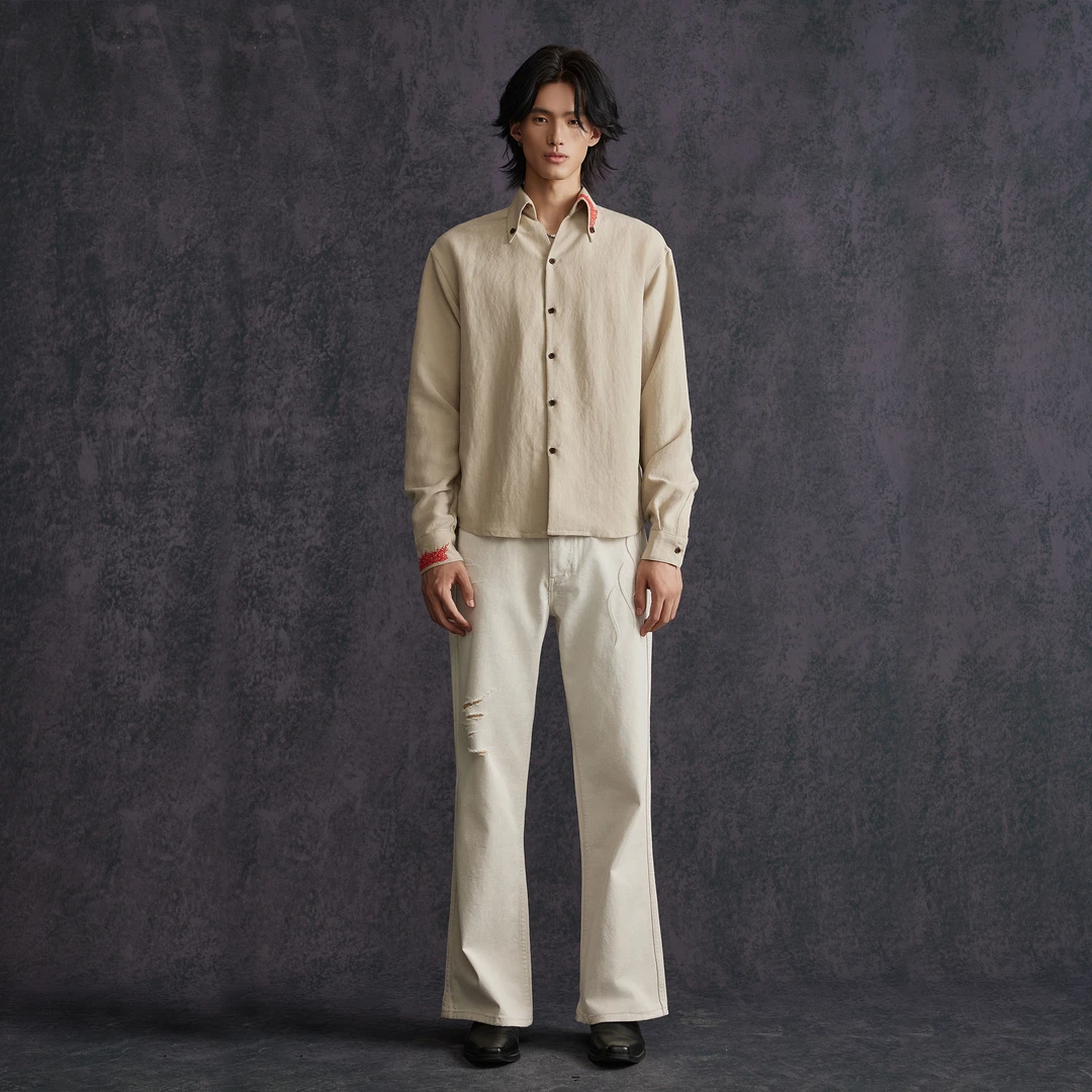 Hype yourself「折棘」手工线迹式绣 意式一片领 天丝亚麻衬衫