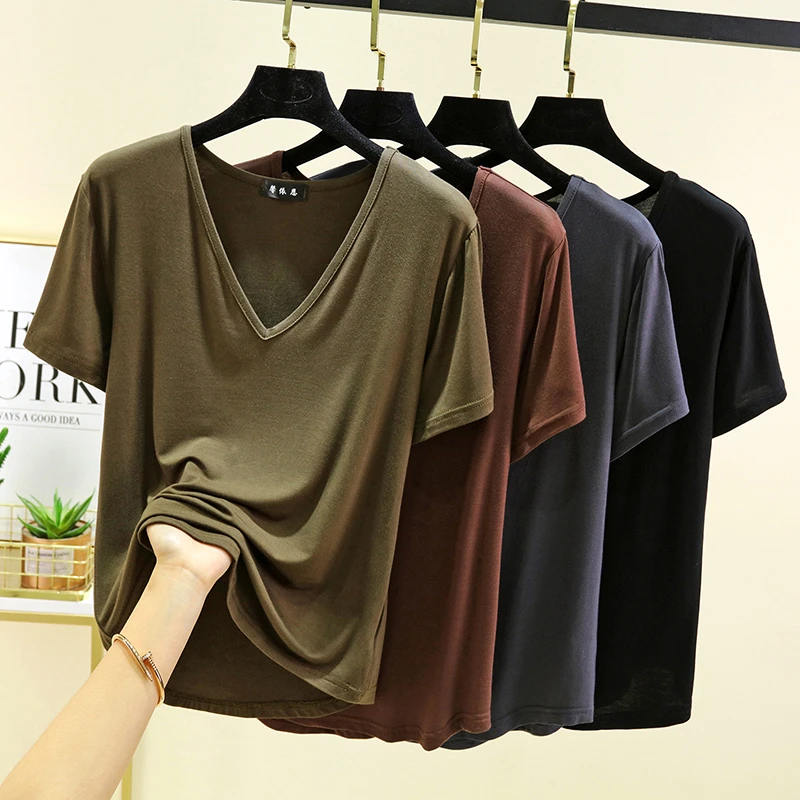 短袖V领女睡衣t恤莫代尔可外穿薄款棉质居家套头单件家居服上衣