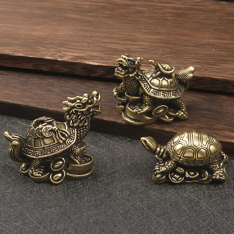 黄铜子母龙龟工艺品摆件复古手把件个性办公室书桌客厅铜金钱乌龟