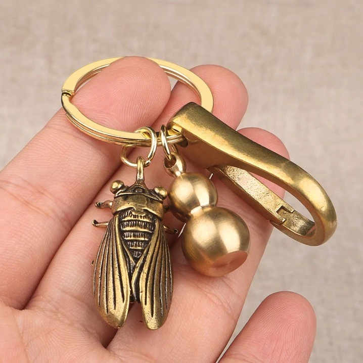 黄铜复古铜蝉知了汽车钥匙扣男士高档纯铜葫芦精致书包挂件小礼物