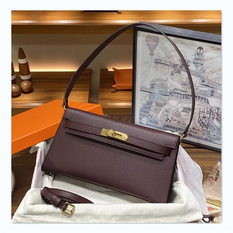 凯莉elan腋下包山羊纹单肩斜挎女包黑色银扣跳舞真皮包真皮法棍包