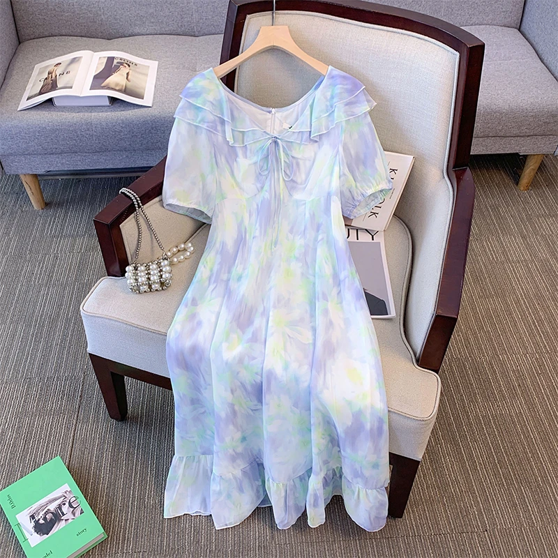 【66118】130-320斤大码小清新撞色连衣裙夏季新款胖mm荷叶边碎花裙