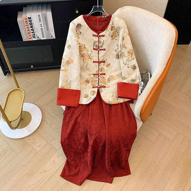 120-300斤大码女装胖mm秋冬夹棉外套+新中式旗袍连衣裙两件套