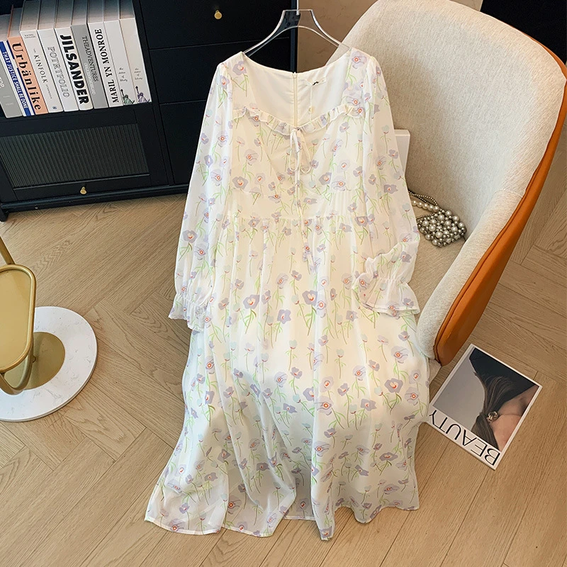 【66466】300斤大码女装胖mm法式碎花雪纺连衣裙春秋新款温柔风