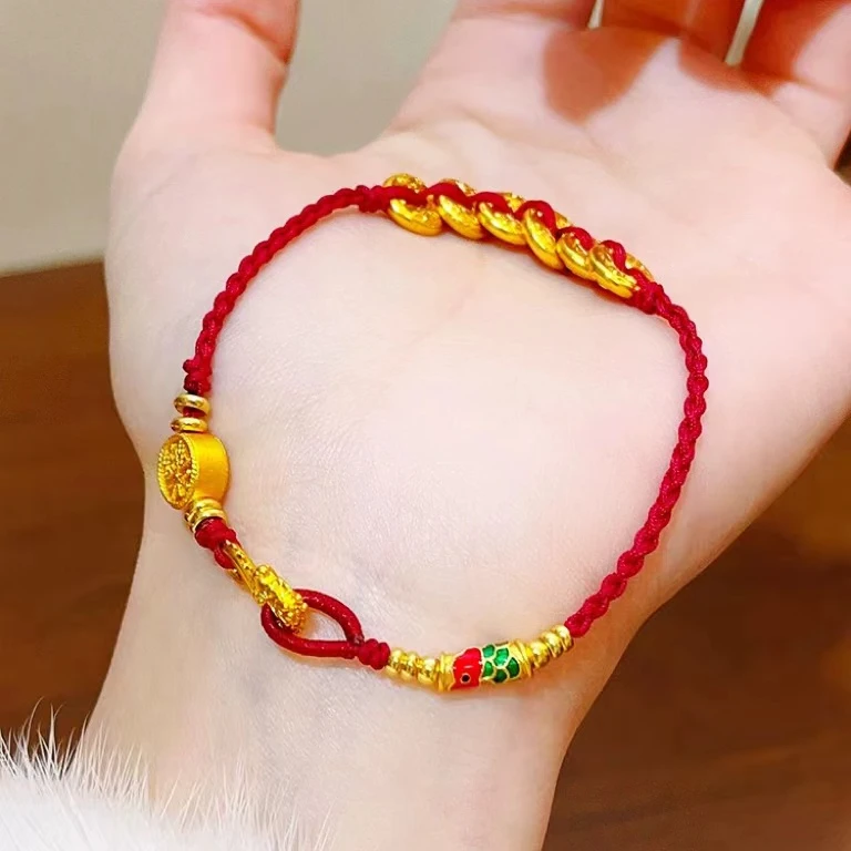 铜合金手链 新中式锦鲤鱼吉言钱币编织红绳手链女本命年新年首饰