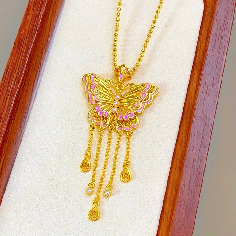铜合金吊坠 烧蓝珐琅花丝粉色蝴蝶流苏吊坠幽梦蝶生项链女礼物