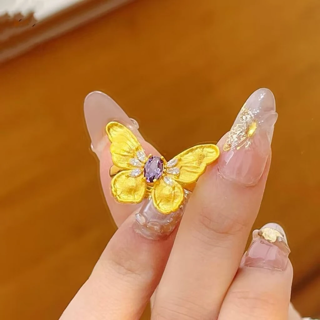 铜合金戒指 拉丝梦幻紫色蝴蝶戒指立体福蝶指环仙气女送礼物