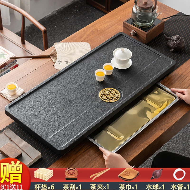 乌金石头茶盘家用简约大号天然石材茶海储排两用功夫茶具茶台托盘
