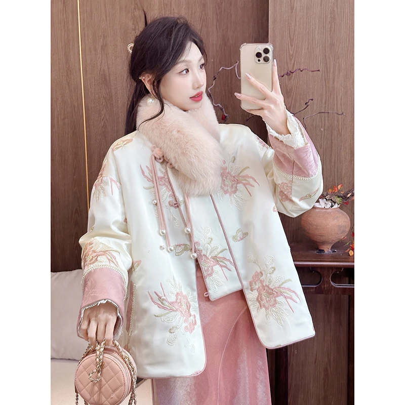 果果家 醋酸/新中式国风盘扣羽绒服女2024冬季女重工刺绣提花外套